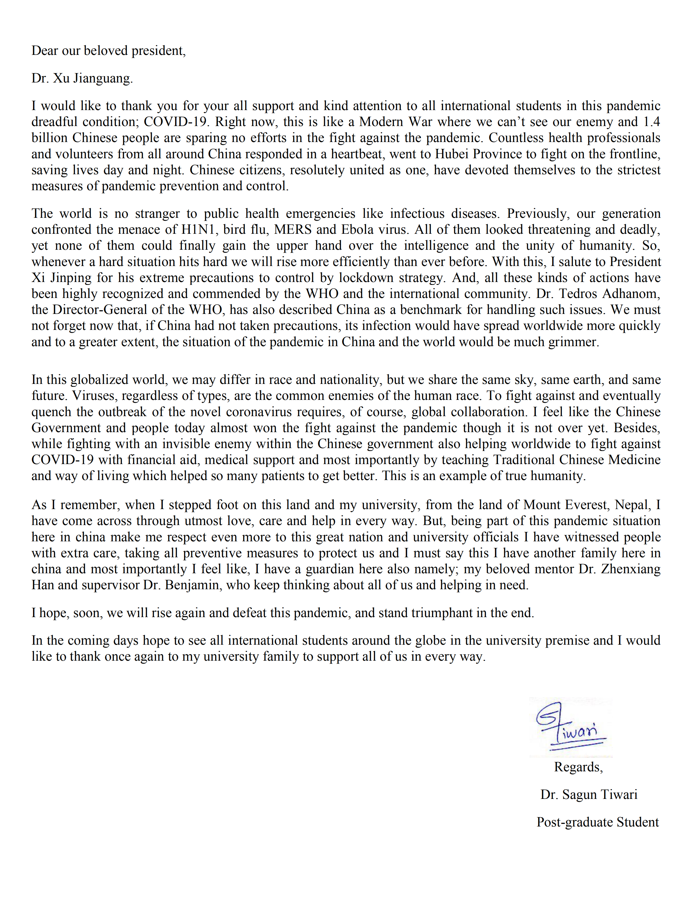 bat365官网国际学生回信校长，因同为“中医人”而自豪